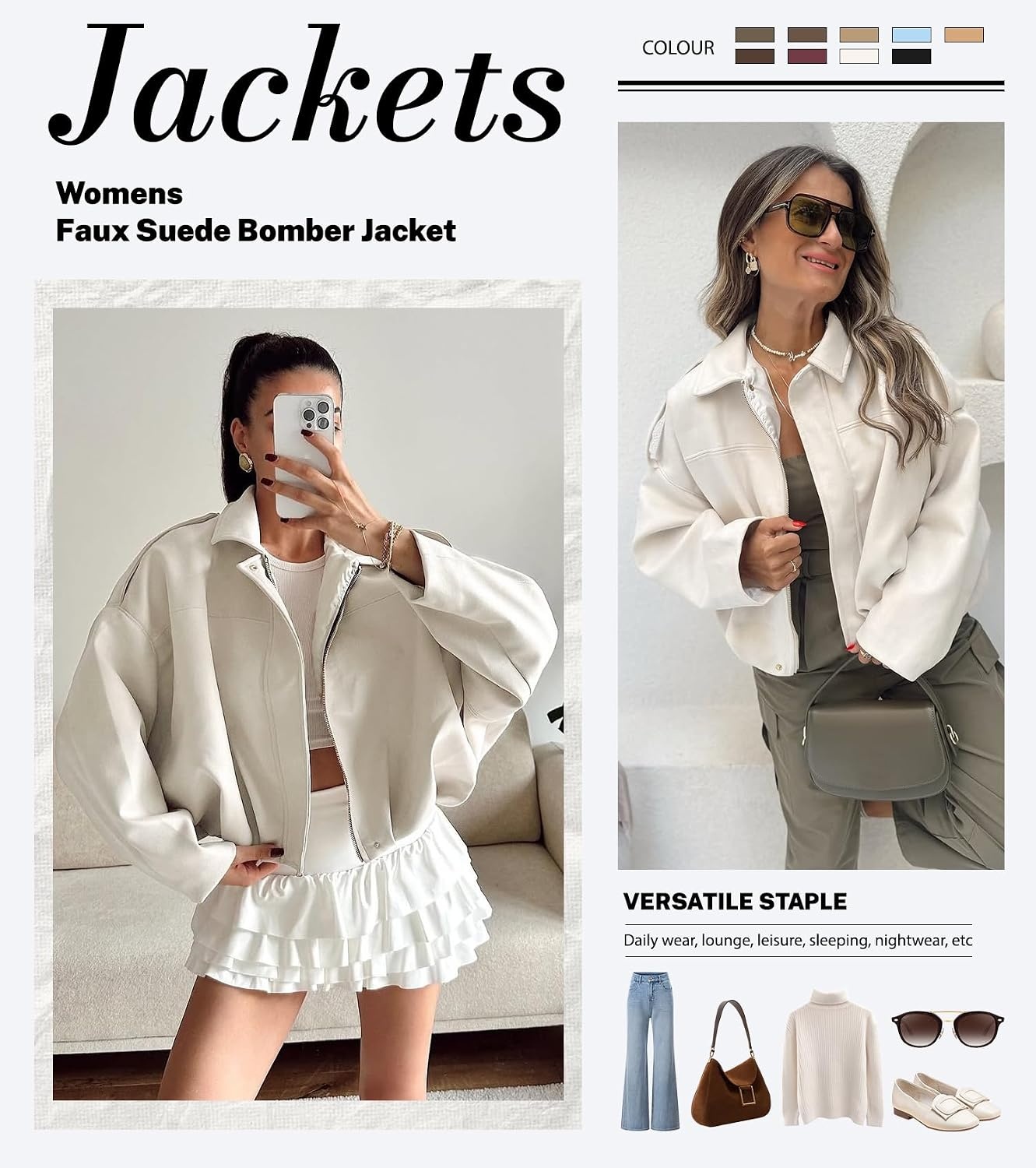 image:imageWomens Faux Suede Bomber Jacket Oversized Long Sleeve Cropped Coat Lightweight Going Out Suede Jackets 2 Pockets Lapel Collar Batwing Sleeve Zip up Outerwear for Casual Daily VacationBeige
