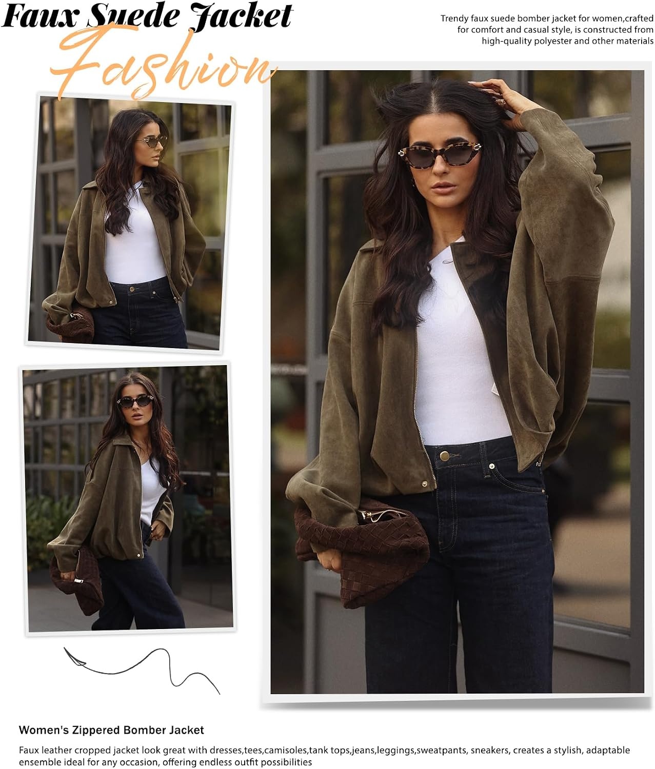 image:imageWomens Faux Suede Bomber Jacket Oversized Long Sleeve Cropped Coat Lightweight Going Out Suede Jackets 2 Pockets Lapel Collar Batwing Sleeve Zip up Outerwear for Casual Daily VacationGreen