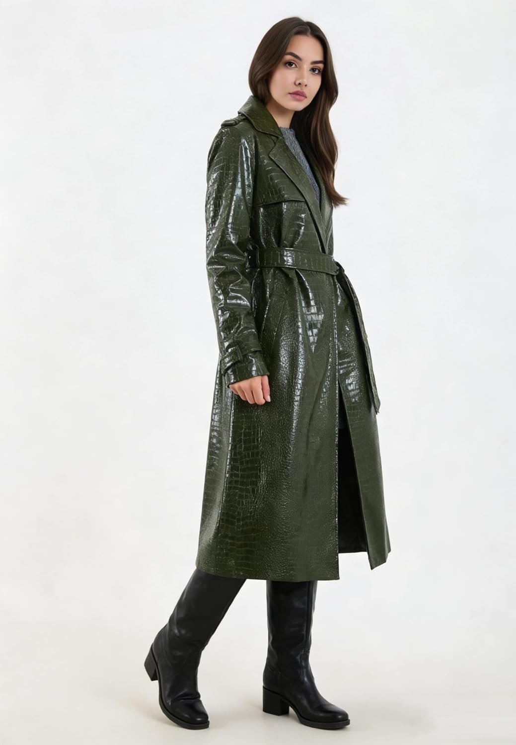 image:imageWomens Long Leather Jacket Trench Coat with Belt Womens Long Leather Jackets Trench Coat Blazer Lapel Button Open Front Faux Motorcycle Jackets Coat with BeltGreen