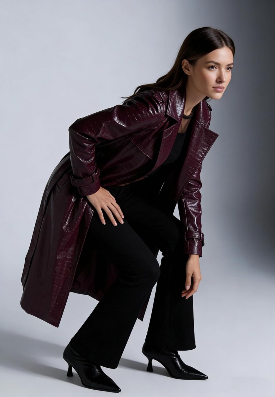 image:imageWomens Long Leather Jacket Trench Coat with Belt Womens Long Leather Jackets Trench Coat Blazer Lapel Button Open Front Faux Motorcycle Jackets Coat with BeltWine Red
