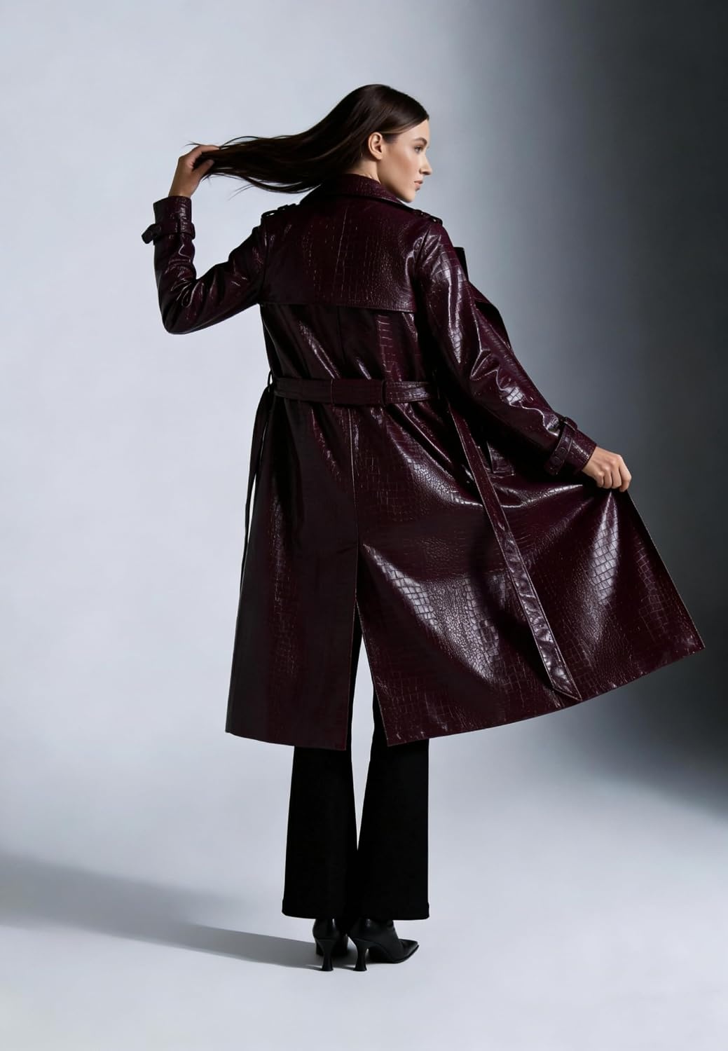 image:imageWomens Long Leather Jacket Trench Coat with Belt Womens Long Leather Jackets Trench Coat Blazer Lapel Button Open Front Faux Motorcycle Jackets Coat with BeltWine Red