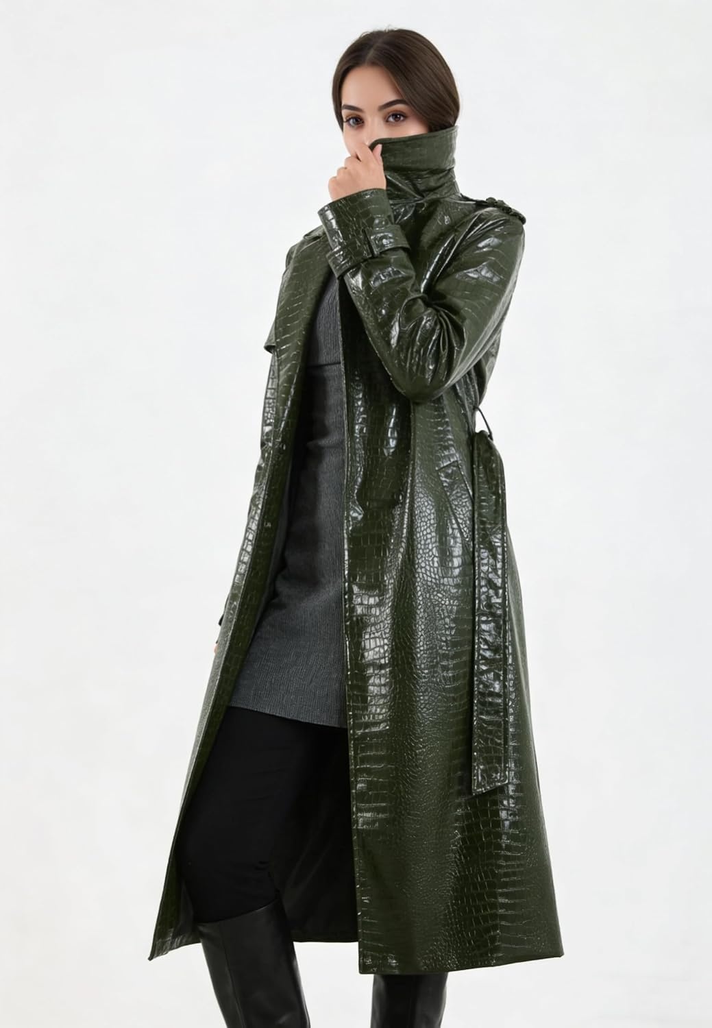 image:imageWomens Long Leather Jacket Trench Coat with Belt Womens Long Leather Jackets Trench Coat Blazer Lapel Button Open Front Faux Motorcycle Jackets Coat with BeltGreen