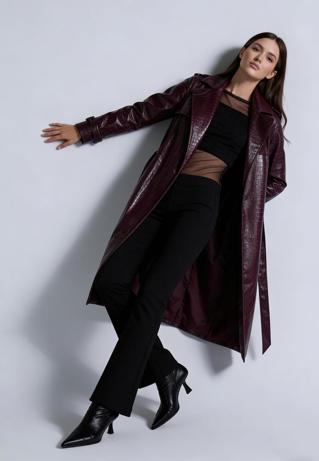 image:imageWomens Long Leather Jacket Trench Coat with Belt Womens Long Leather Jackets Trench Coat Blazer Lapel Button Open Front Faux Motorcycle Jackets Coat with BeltWine Red