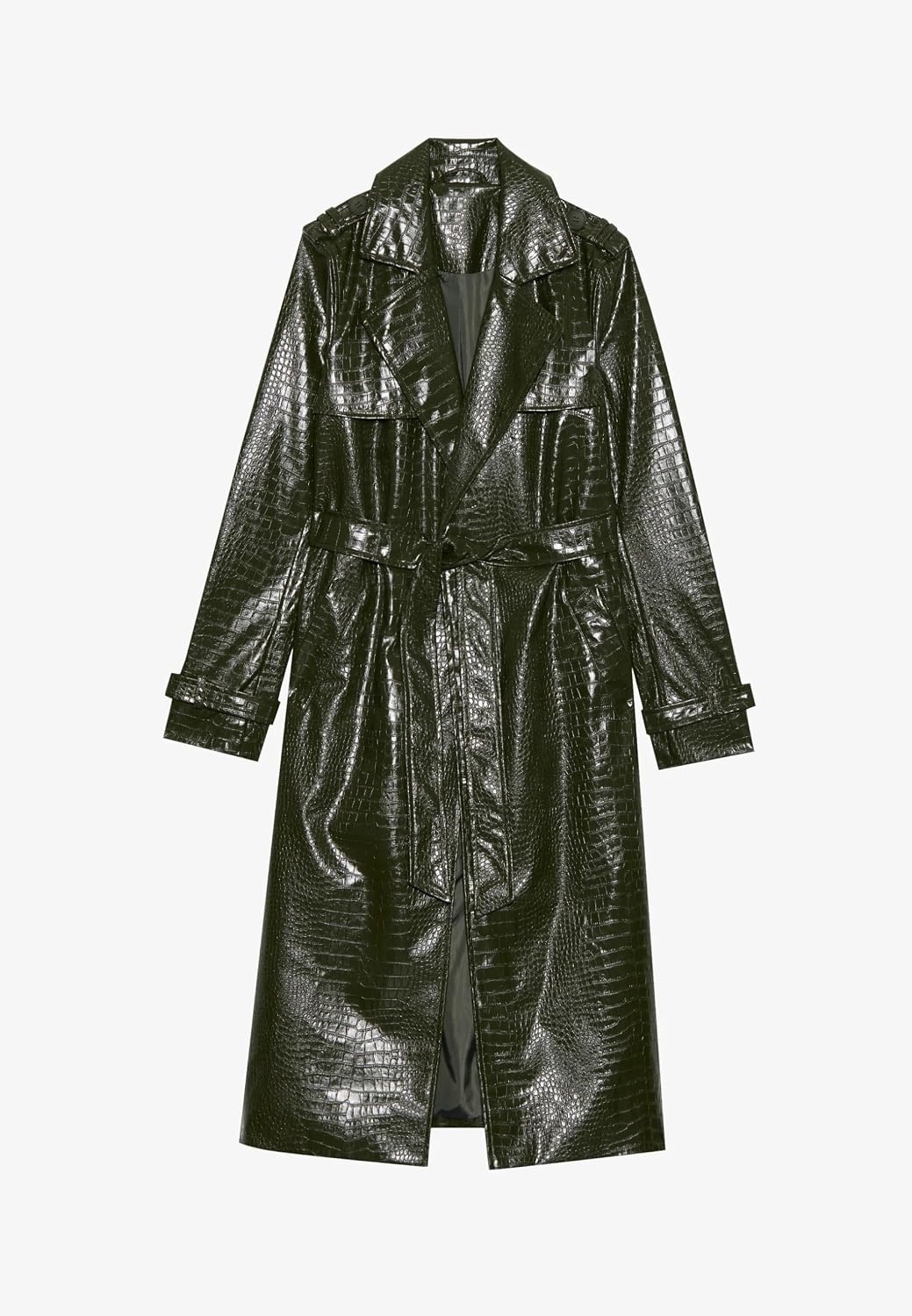 image:imageWomens Long Leather Jacket Trench Coat with Belt Womens Long Leather Jackets Trench Coat Blazer Lapel Button Open Front Faux Motorcycle Jackets Coat with BeltGreen