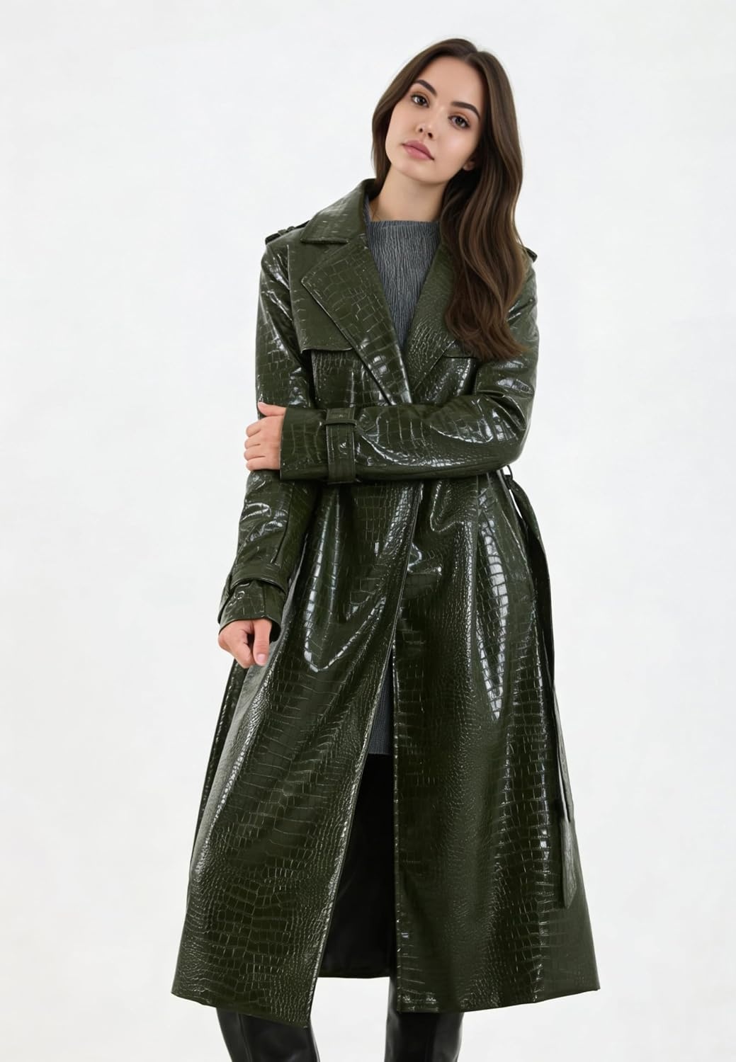 image:imageWomens Long Leather Jacket Trench Coat with Belt Womens Long Leather Jackets Trench Coat Blazer Lapel Button Open Front Faux Motorcycle Jackets Coat with BeltGreen