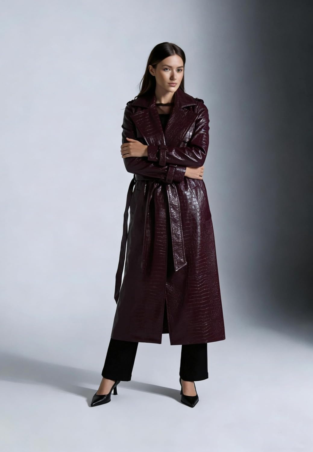 image:imageWomens Long Leather Jacket Trench Coat with Belt Womens Long Leather Jackets Trench Coat Blazer Lapel Button Open Front Faux Motorcycle Jackets Coat with BeltWine Red