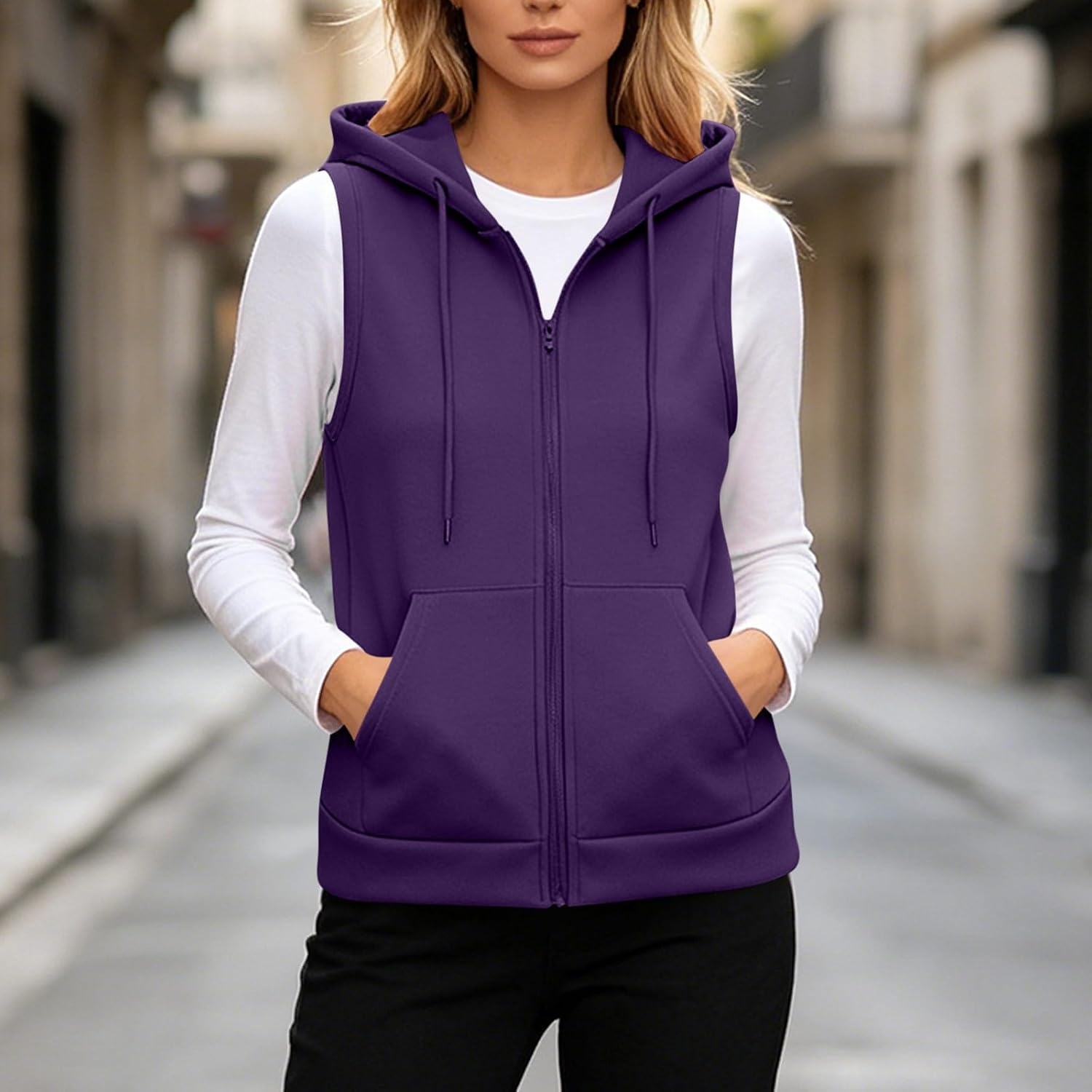image:imageWomens Oversized Zip Up Sweatshirts Sleeveless Hoodie Lightweight Jackets Vest Plus Size Fall Lightweight CoatPurple