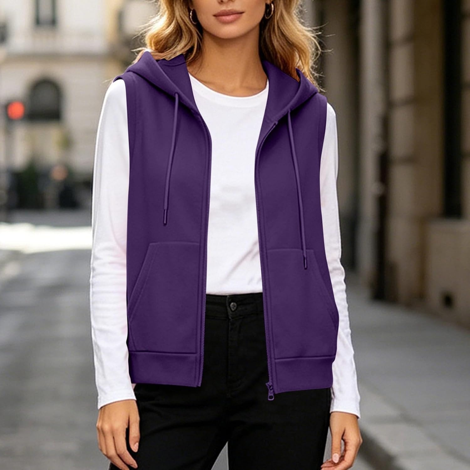 image:imageWomens Oversized Zip Up Sweatshirts Sleeveless Hoodie Lightweight Jackets Vest Plus Size Fall Lightweight CoatPurple