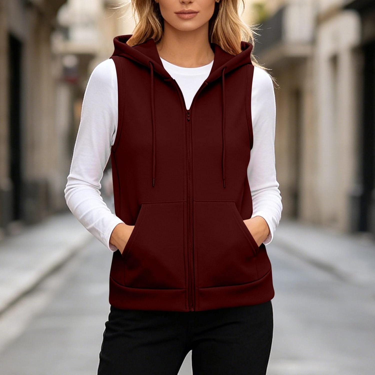 image:imageWomens Oversized Zip Up Sweatshirts Sleeveless Hoodie Lightweight Jackets Vest Plus Size Fall Lightweight CoatWine