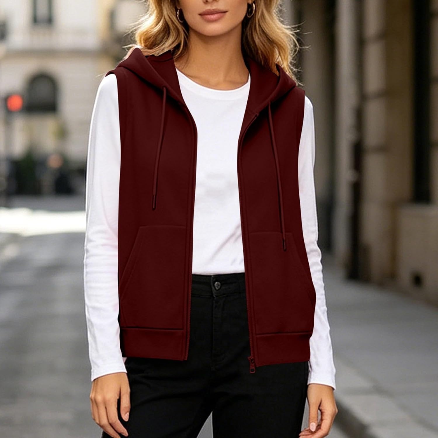 image:imageWomens Oversized Zip Up Sweatshirts Sleeveless Hoodie Lightweight Jackets Vest Plus Size Fall Lightweight CoatWine