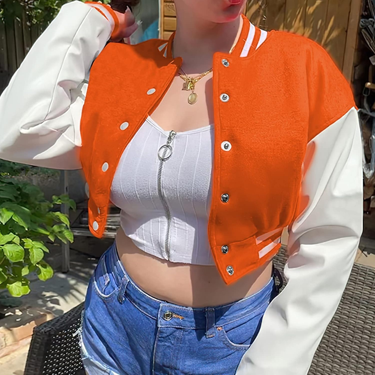 image:imageXaspee Womens Cropped Varsity Jacket Color Block Baseball Jacket Lightweight Womens Cropped Baseball Jacket Long Sleeve Bomber Style Casual Streetwear Outerwear for Spring and FallOrange