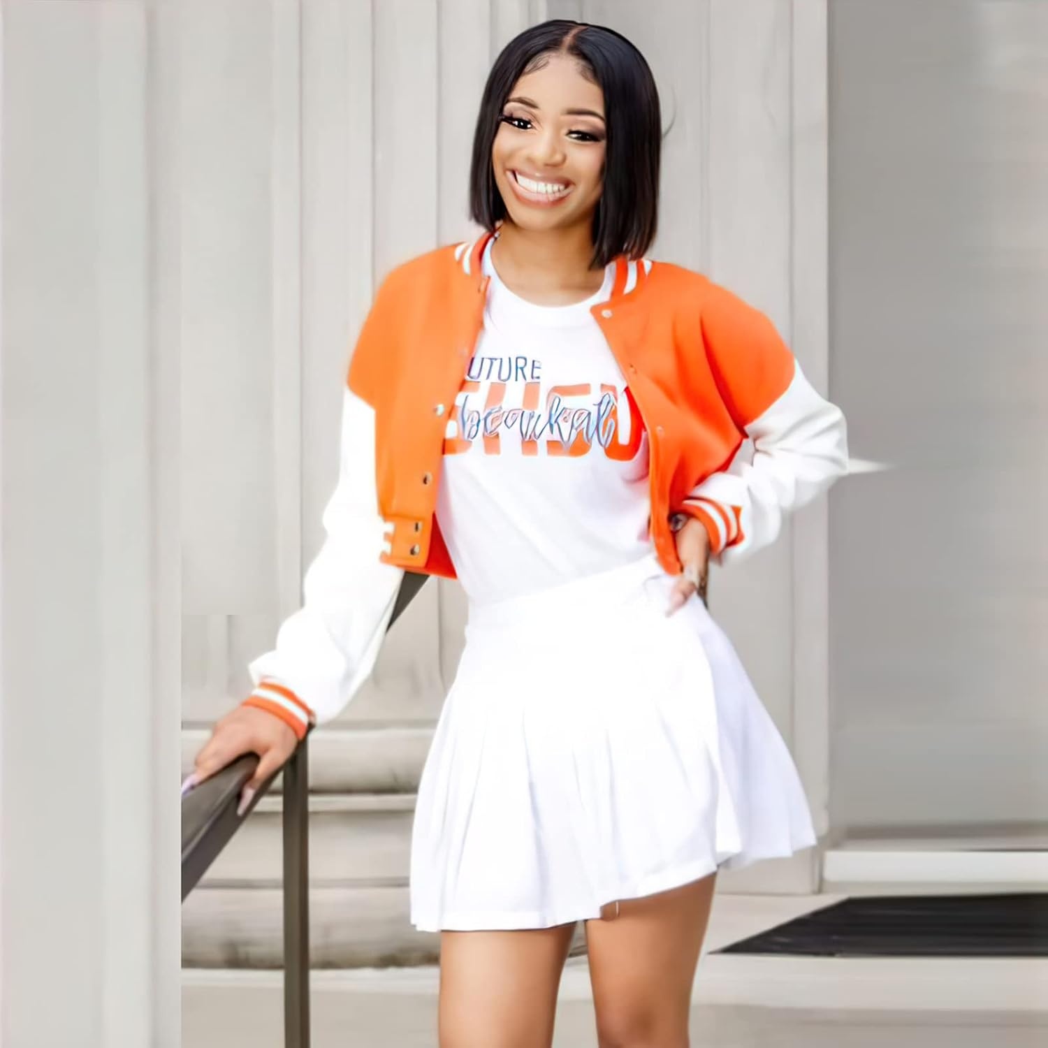 image:imageXaspee Womens Cropped Varsity Jacket Color Block Baseball Jacket Lightweight Womens Cropped Baseball Jacket Long Sleeve Bomber Style Casual Streetwear Outerwear for Spring and FallOrange