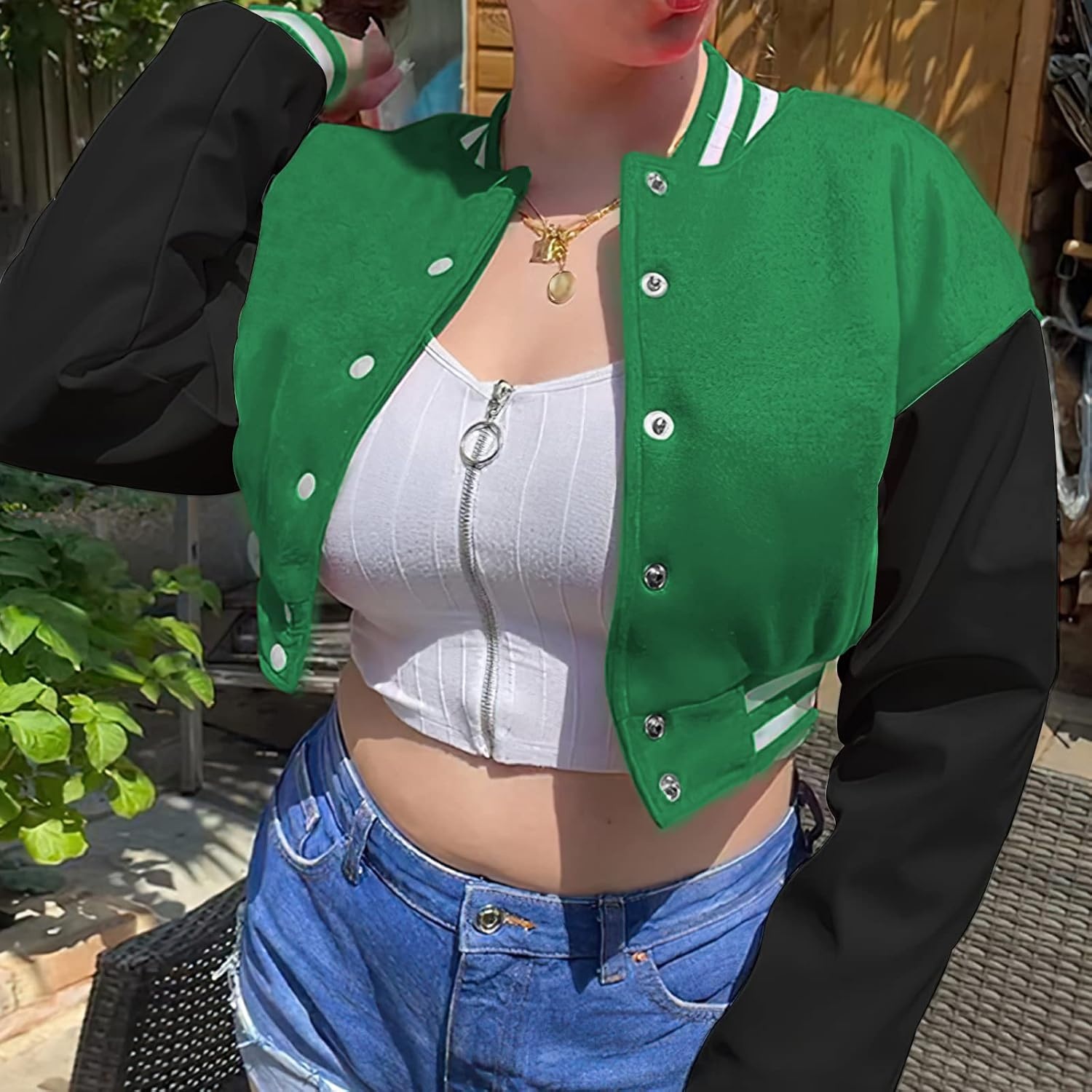 image:imageXaspee Womens Cropped Varsity Jacket Color Block Baseball Jacket Lightweight Womens Cropped Baseball Jacket Long Sleeve Bomber Style Casual Streetwear Outerwear for Spring and FallGreen