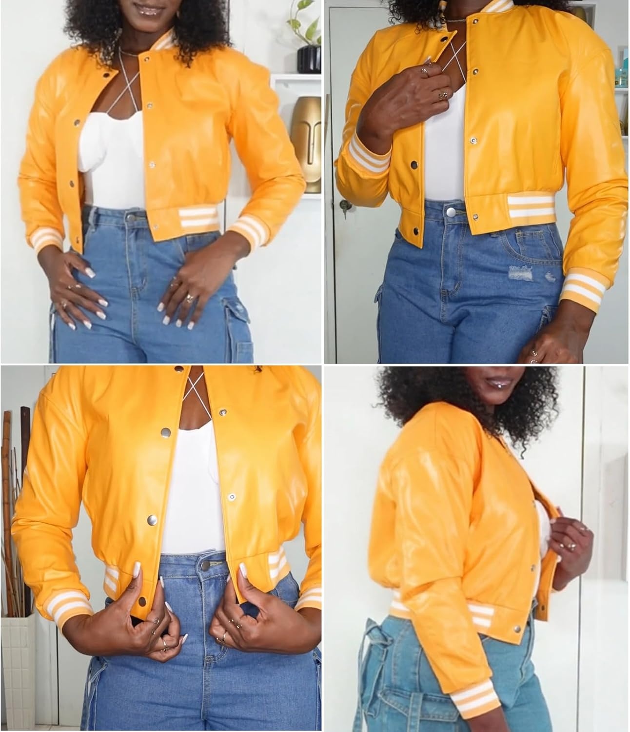 image:imageXaspee Womens Faux Leather Varsity Jacket Cropped Baseball Bomber Jacket Faux Leather Varsity Jacket With 2 Side Pockets Snap Button Closure Relaxed Fit For Casual StreetwearYellow