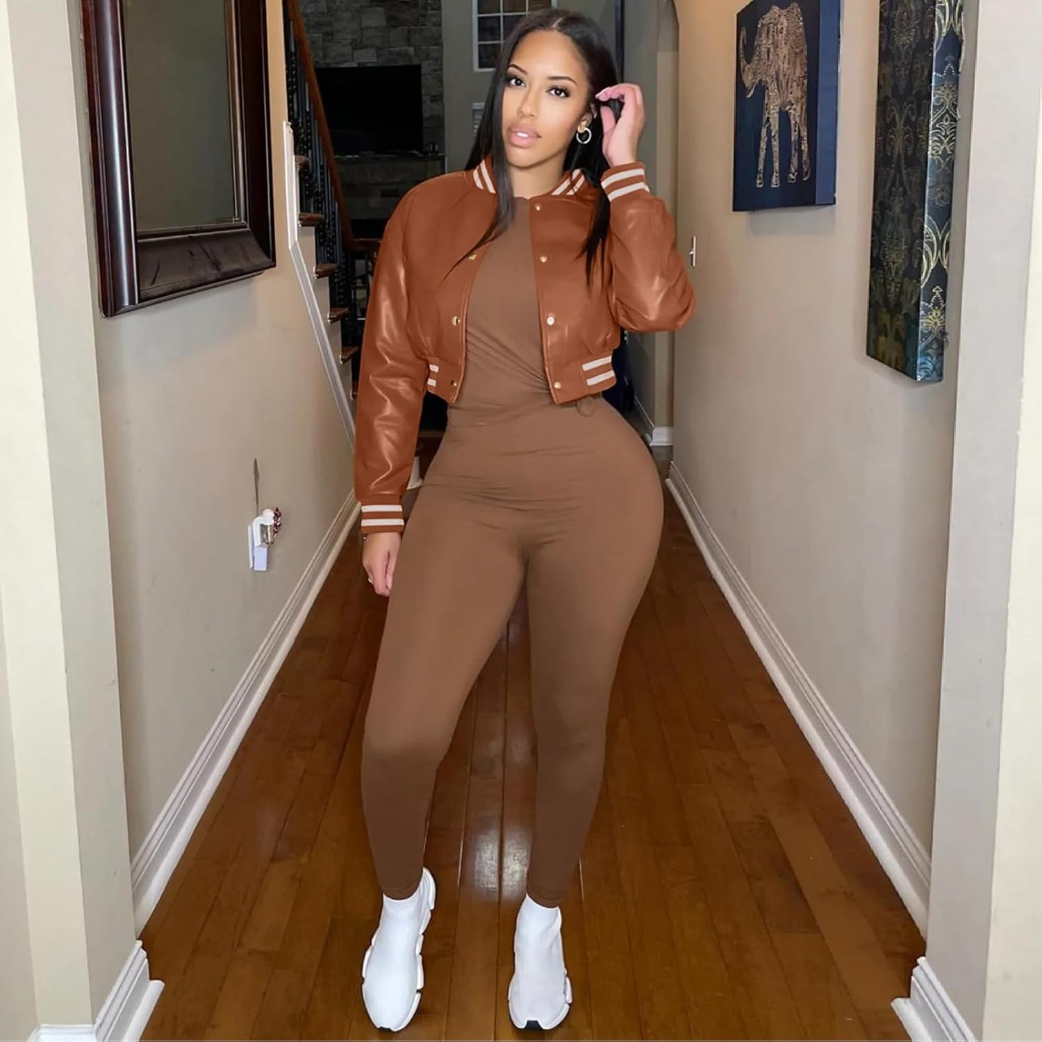 image:imageXaspee Womens Faux Leather Varsity Jacket Cropped Baseball Bomber Jacket Faux Leather Varsity Jacket With 2 Side Pockets Snap Button Closure Relaxed Fit For Casual StreetwearBrown