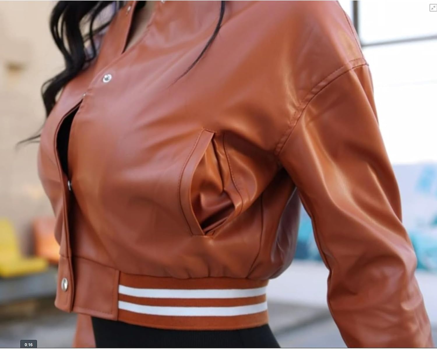 image:imageXaspee Womens Faux Leather Varsity Jacket Cropped Baseball Bomber Jacket Faux Leather Varsity Jacket With 2 Side Pockets Snap Button Closure Relaxed Fit For Casual StreetwearBrown