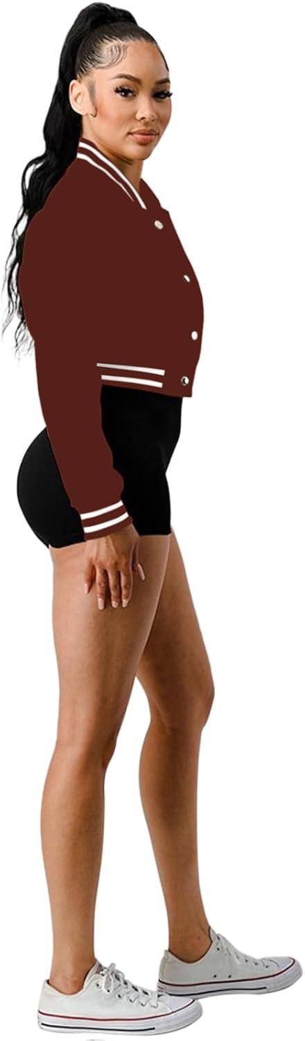 image:imageXaspee Womens Faux Leather Varsity Jacket Cropped Baseball Bomber Jacket Faux Leather Varsity Jacket With 2 Side Pockets Snap Button Closure Relaxed Fit For Casual StreetwearBurgundy
