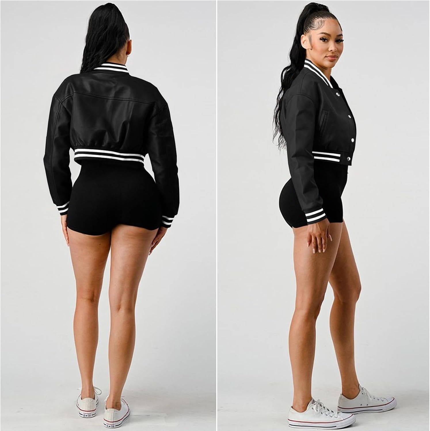 image:imageXaspee Womens Faux Leather Varsity Jacket Cropped Baseball Bomber Jacket Faux Leather Varsity Jacket With 2 Side Pockets Snap Button Closure Relaxed Fit For Casual StreetwearBlack