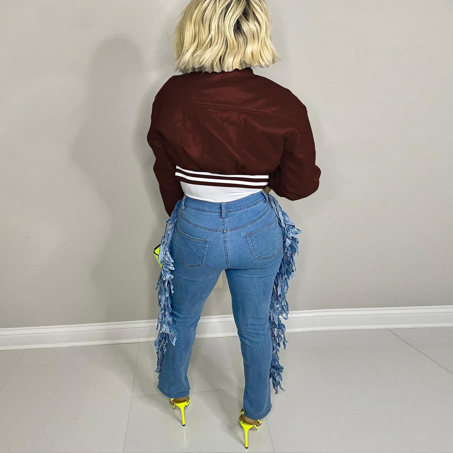 image:imageXaspee Womens Faux Leather Varsity Jacket Cropped Baseball Bomber Jacket Faux Leather Varsity Jacket With 2 Side Pockets Snap Button Closure Relaxed Fit For Casual StreetwearBurgundy