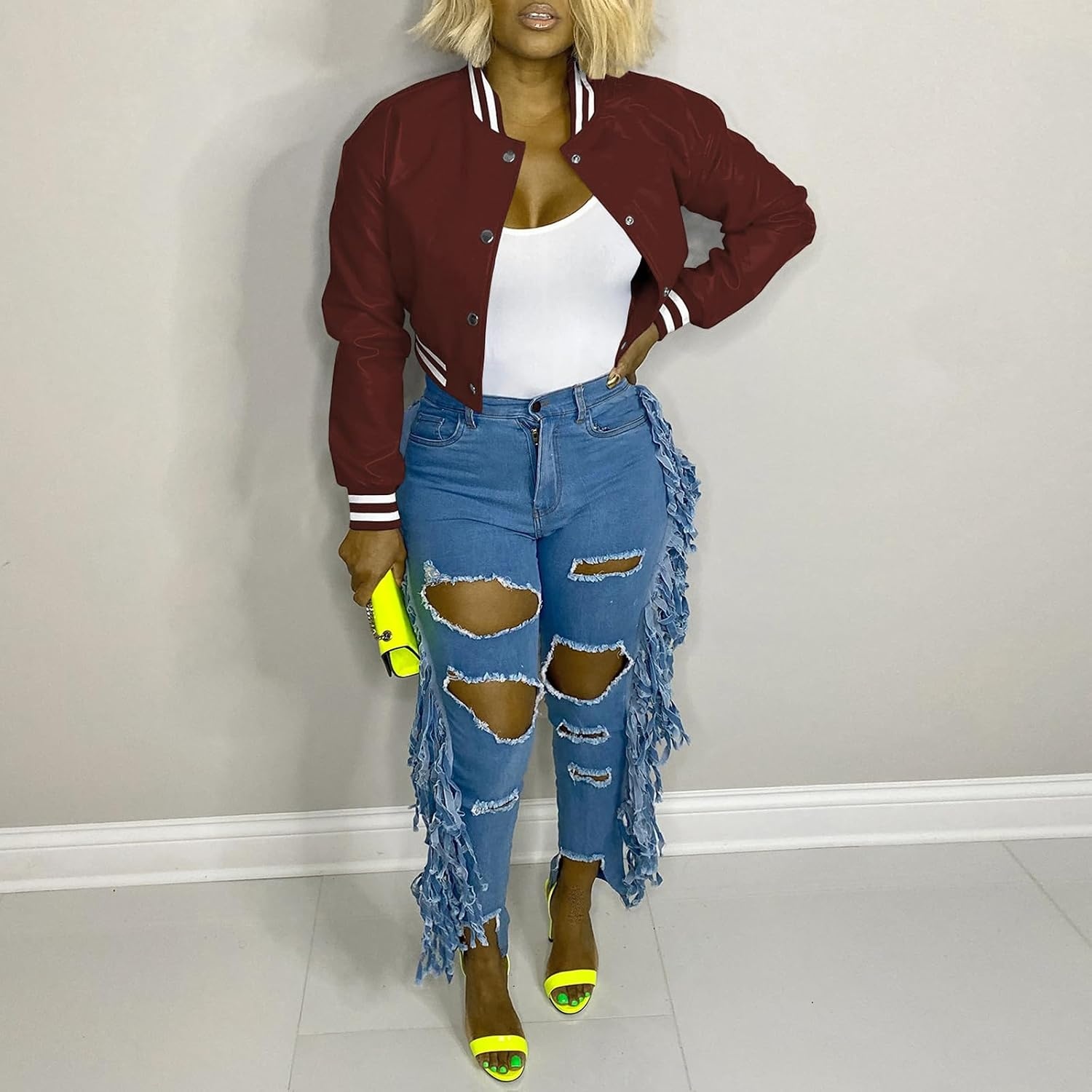 image:imageXaspee Womens Faux Leather Varsity Jacket Cropped Baseball Bomber Jacket Faux Leather Varsity Jacket With 2 Side Pockets Snap Button Closure Relaxed Fit For Casual StreetwearBurgundy