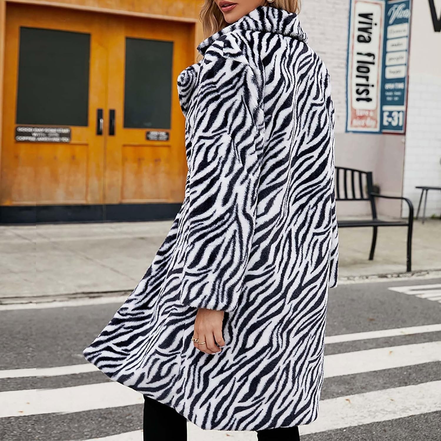 image:imageZHOUYF Women Faux Fur Winter Coats Warm Chunky Long Cardigan Jackets Zebra Print Thick Overcoat Fleece Furry Shaggy OuterwearColorful