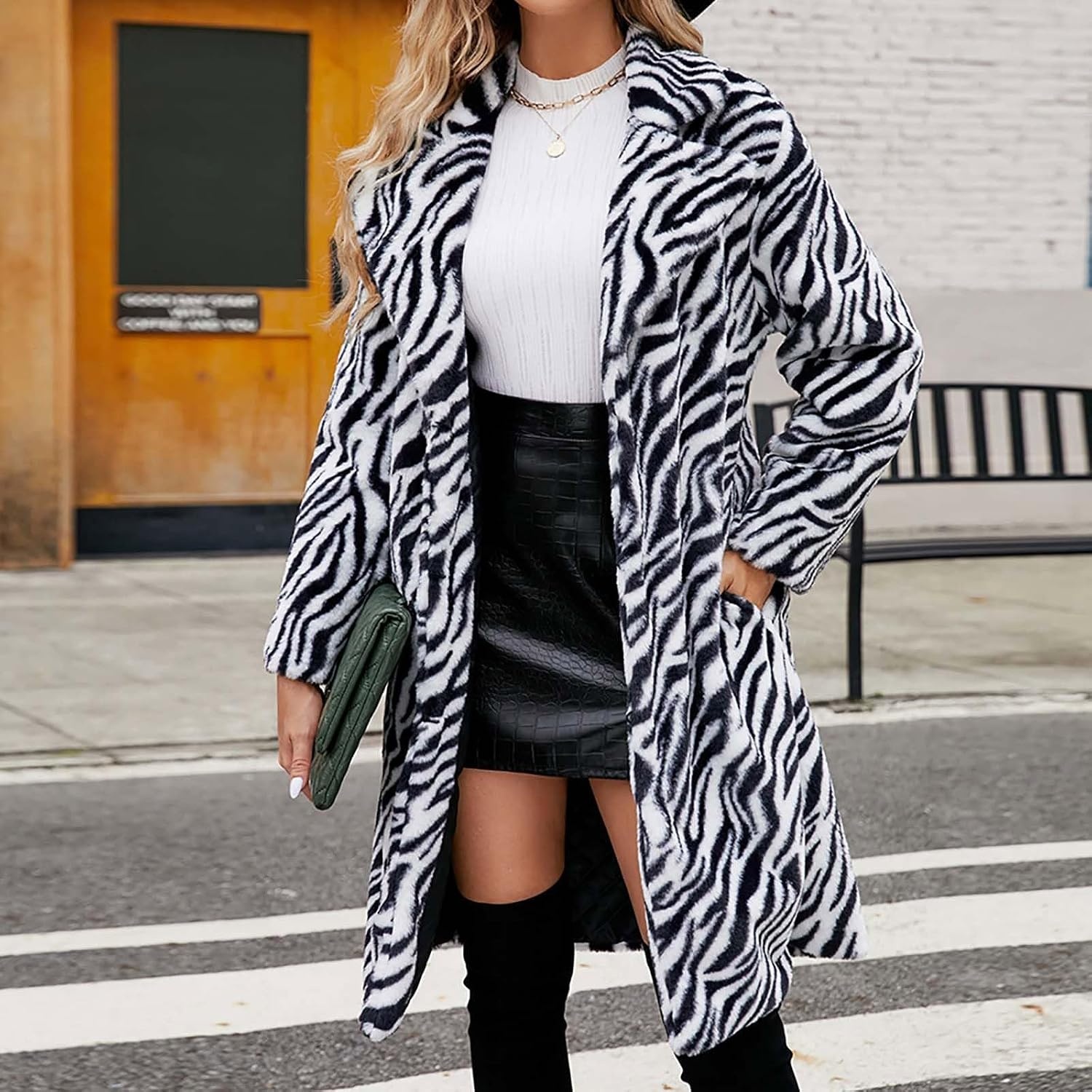 image:imageZHOUYF Women Faux Fur Winter Coats Warm Chunky Long Cardigan Jackets Zebra Print Thick Overcoat Fleece Furry Shaggy OuterwearColorful