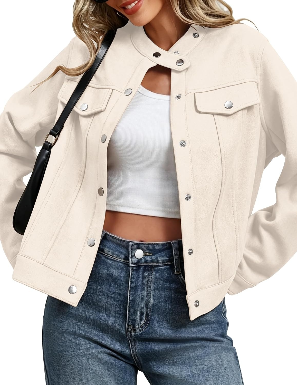 image:imageZeagoo Faux Suede Jackets for Women Motorcycle Bomber Coats Long Sleeve Going Out Suede JacketButton Down Collared ShacketTrendy StreetwearCasual Outerwear for SpringFall and WinterBeige