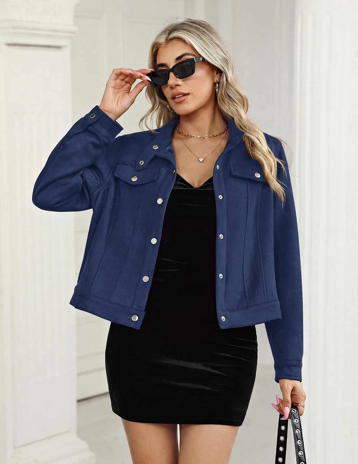 image:imageZeagoo Faux Suede Jackets for Women Motorcycle Bomber Coats Long Sleeve Going Out Suede JacketButton Down Collared ShacketTrendy StreetwearCasual Outerwear for SpringFall and WinterNavy