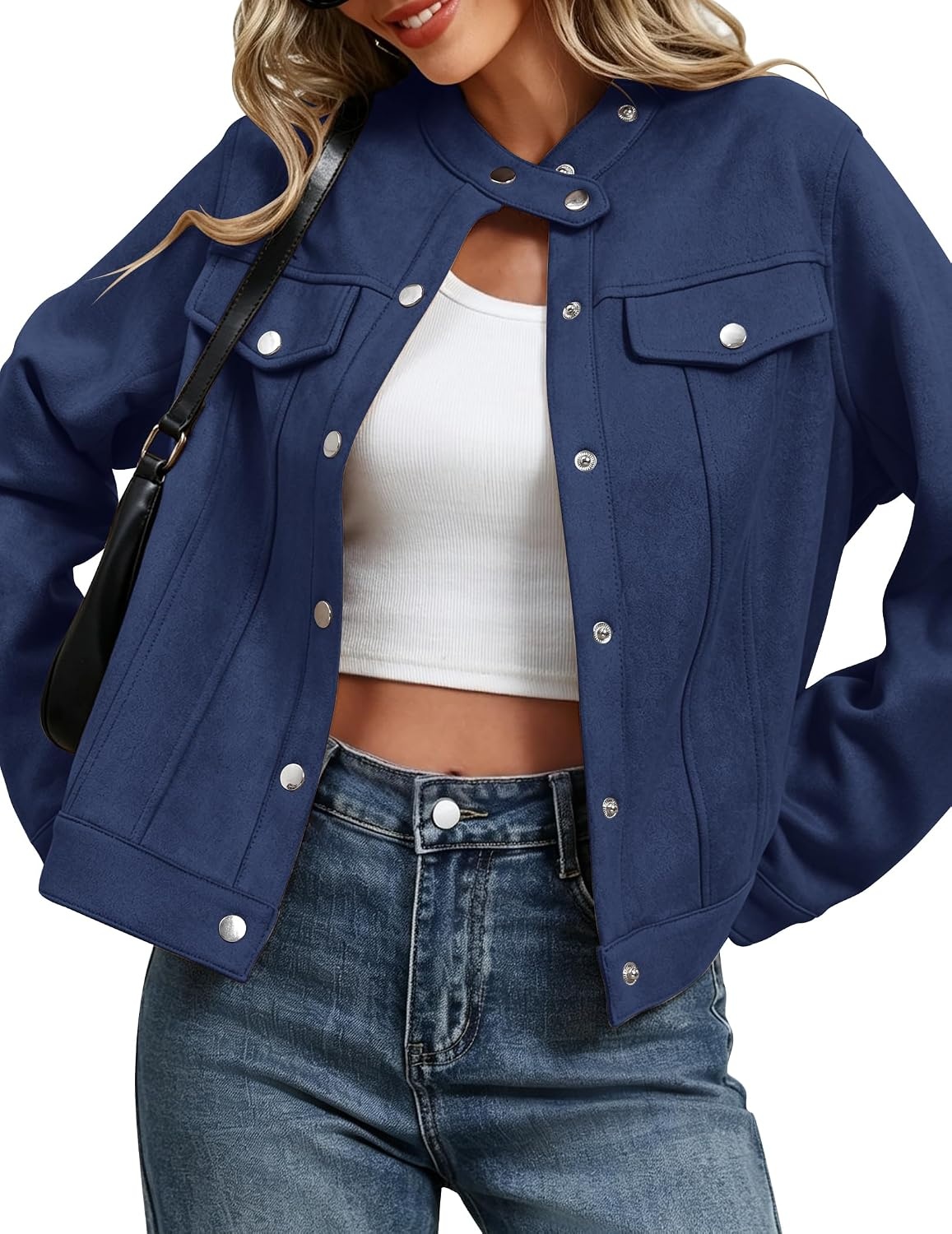 image:imageZeagoo Faux Suede Jackets for Women Motorcycle Bomber Coats Long Sleeve Going Out Suede JacketButton Down Collared ShacketTrendy StreetwearCasual Outerwear for SpringFall and WinterNavy