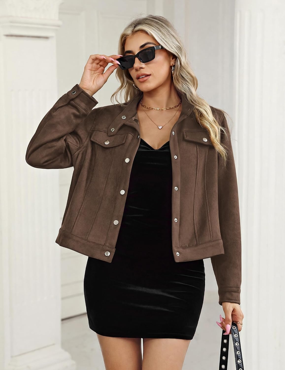 image:imageZeagoo Faux Suede Jackets for Women Motorcycle Bomber Coats Long Sleeve Going Out Suede JacketButton Down Collared ShacketTrendy StreetwearCasual Outerwear for SpringFall and WinterChocolate Brown
