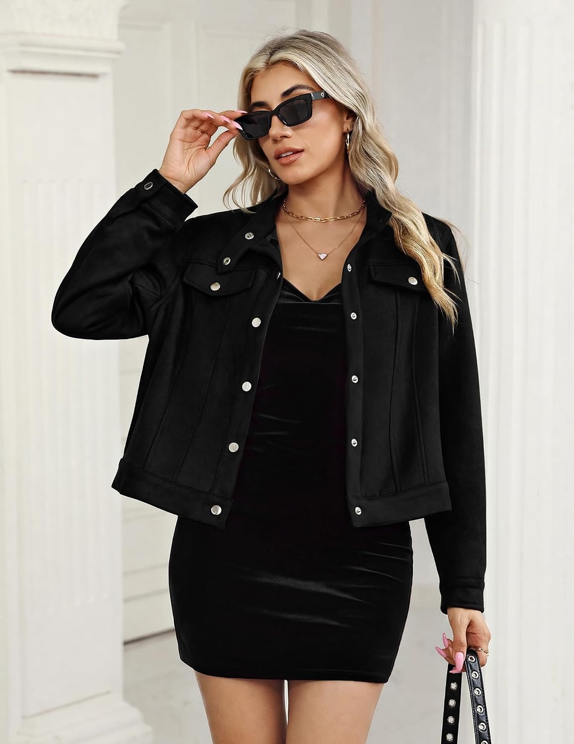 image:imageZeagoo Faux Suede Jackets for Women Motorcycle Bomber Coats Long Sleeve Going Out Suede JacketButton Down Collared ShacketTrendy StreetwearCasual Outerwear for SpringFall and WinterBlack