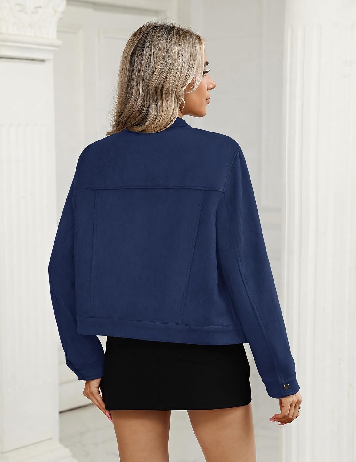image:imageZeagoo Faux Suede Jackets for Women Motorcycle Bomber Coats Long Sleeve Going Out Suede JacketButton Down Collared ShacketTrendy StreetwearCasual Outerwear for SpringFall and WinterNavy