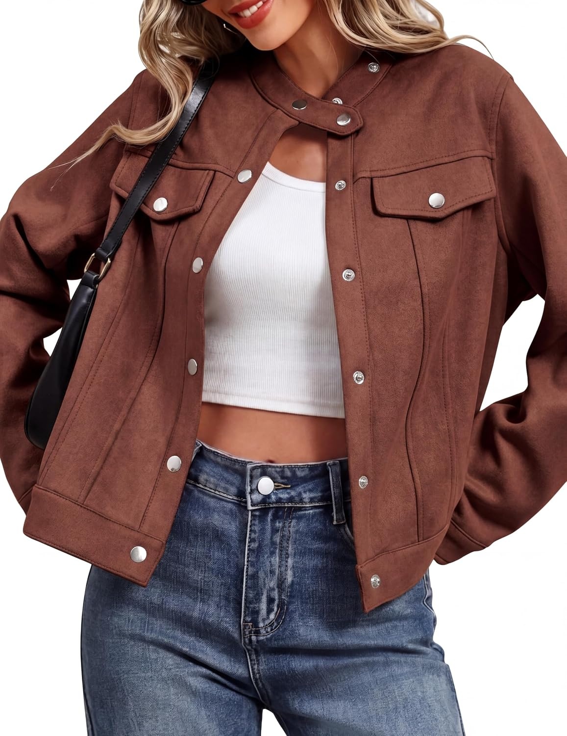 image:imageZeagoo Faux Suede Jackets for Women Motorcycle Bomber Coats Long Sleeve Going Out Suede JacketButton Down Collared ShacketTrendy StreetwearCasual Outerwear for SpringFall and WinterBrown