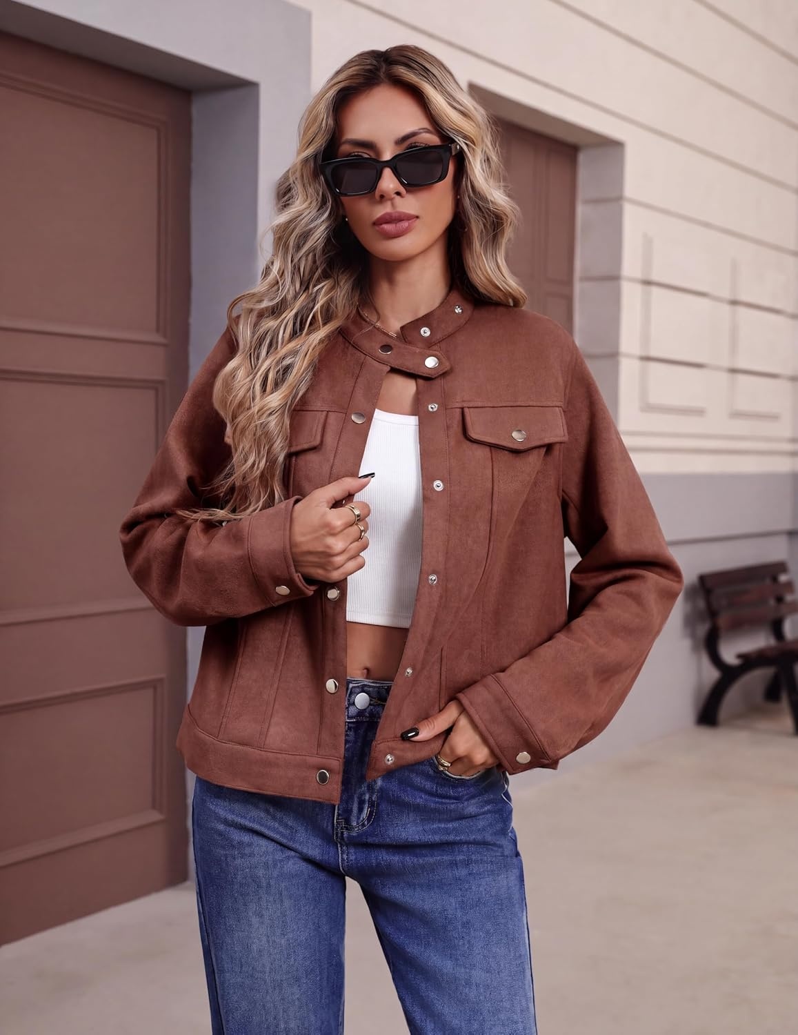 image:imageZeagoo Faux Suede Jackets for Women Motorcycle Bomber Coats Long Sleeve Going Out Suede JacketButton Down Collared ShacketTrendy StreetwearCasual Outerwear for SpringFall and WinterBrown