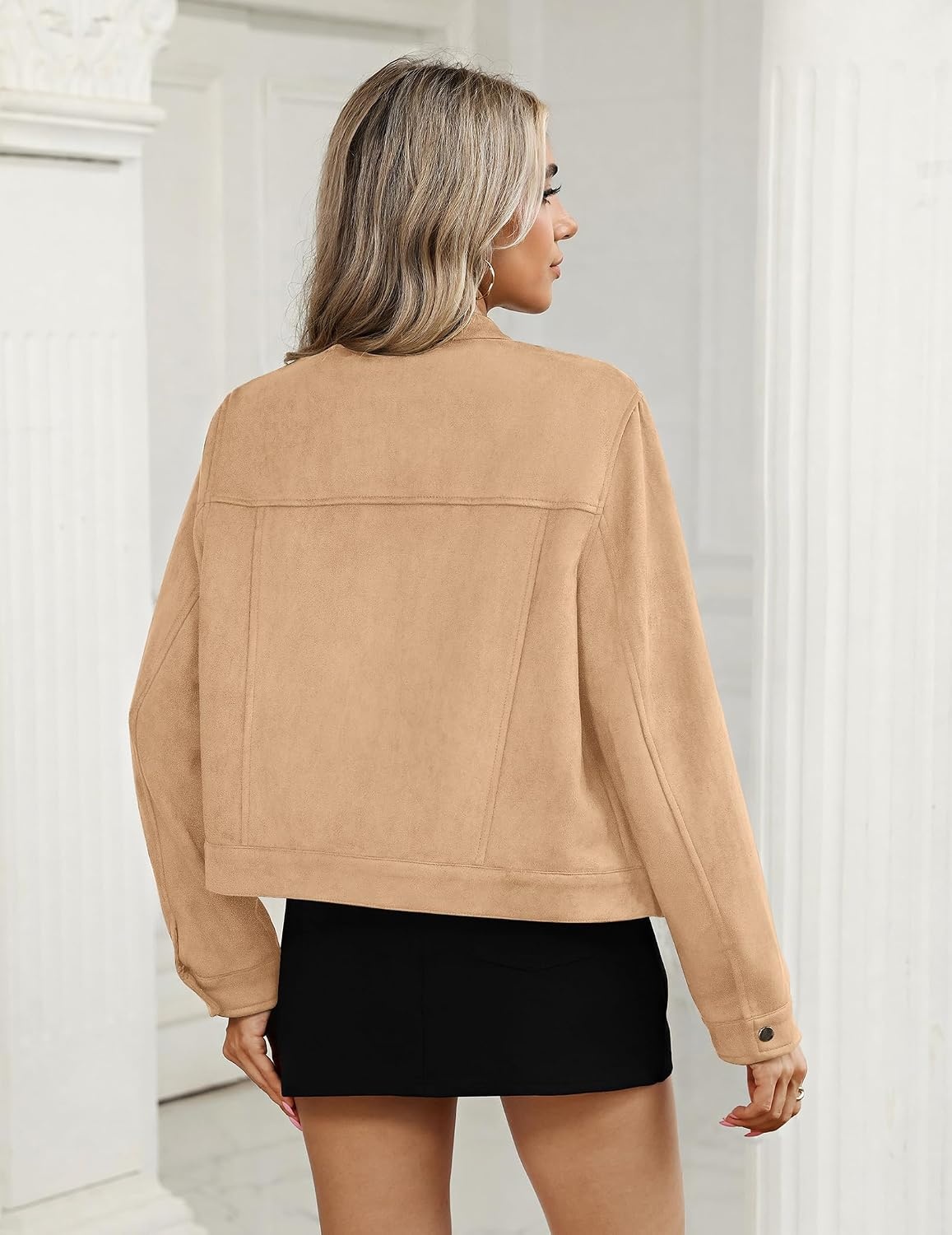image:imageZeagoo Faux Suede Jackets for Women Motorcycle Bomber Coats Long Sleeve Going Out Suede JacketButton Down Collared ShacketTrendy StreetwearCasual Outerwear for SpringFall and WinterLight Khaki