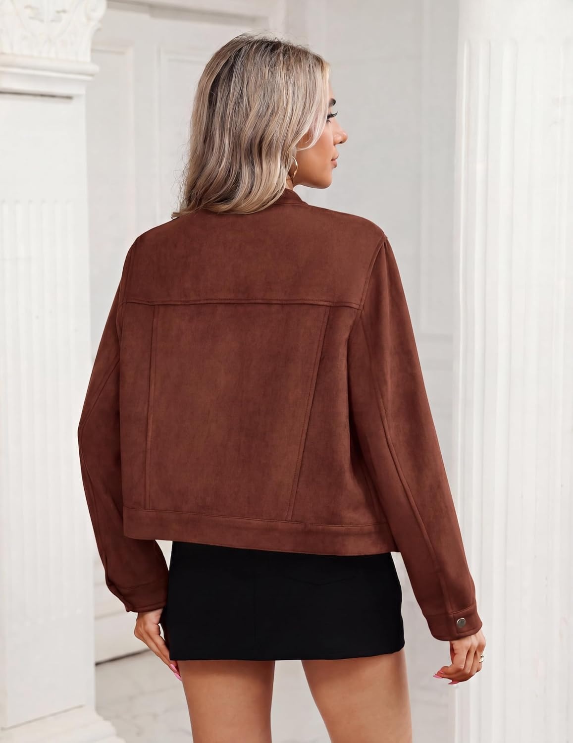 image:imageZeagoo Faux Suede Jackets for Women Motorcycle Bomber Coats Long Sleeve Going Out Suede JacketButton Down Collared ShacketTrendy StreetwearCasual Outerwear for SpringFall and WinterBrown