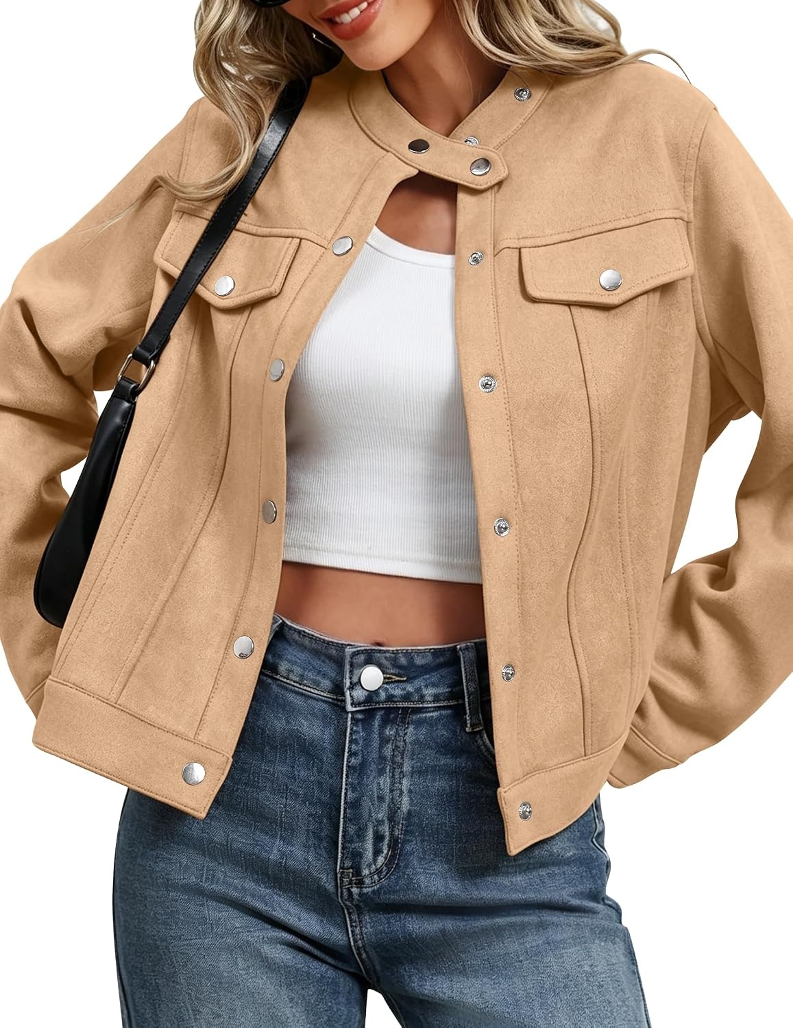 image:imageZeagoo Faux Suede Jackets for Women Motorcycle Bomber Coats Long Sleeve Going Out Suede JacketButton Down Collared ShacketTrendy StreetwearCasual Outerwear for SpringFall and WinterLight Khaki