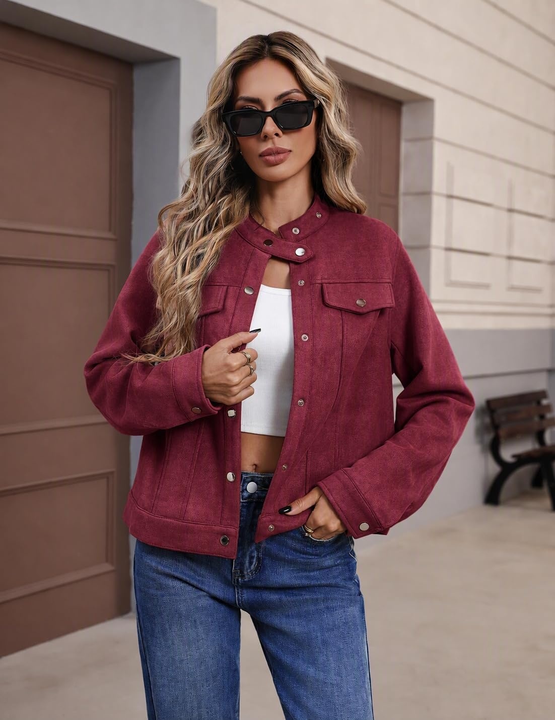 image:imageZeagoo Faux Suede Jackets for Women Motorcycle Bomber Coats Long Sleeve Going Out Suede JacketButton Down Collared ShacketTrendy StreetwearCasual Outerwear for SpringFall and WinterDark Red