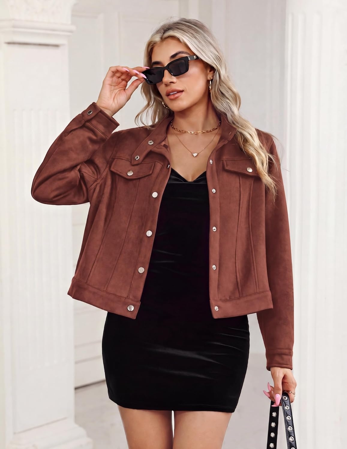 image:imageZeagoo Faux Suede Jackets for Women Motorcycle Bomber Coats Long Sleeve Going Out Suede JacketButton Down Collared ShacketTrendy StreetwearCasual Outerwear for SpringFall and WinterBrown