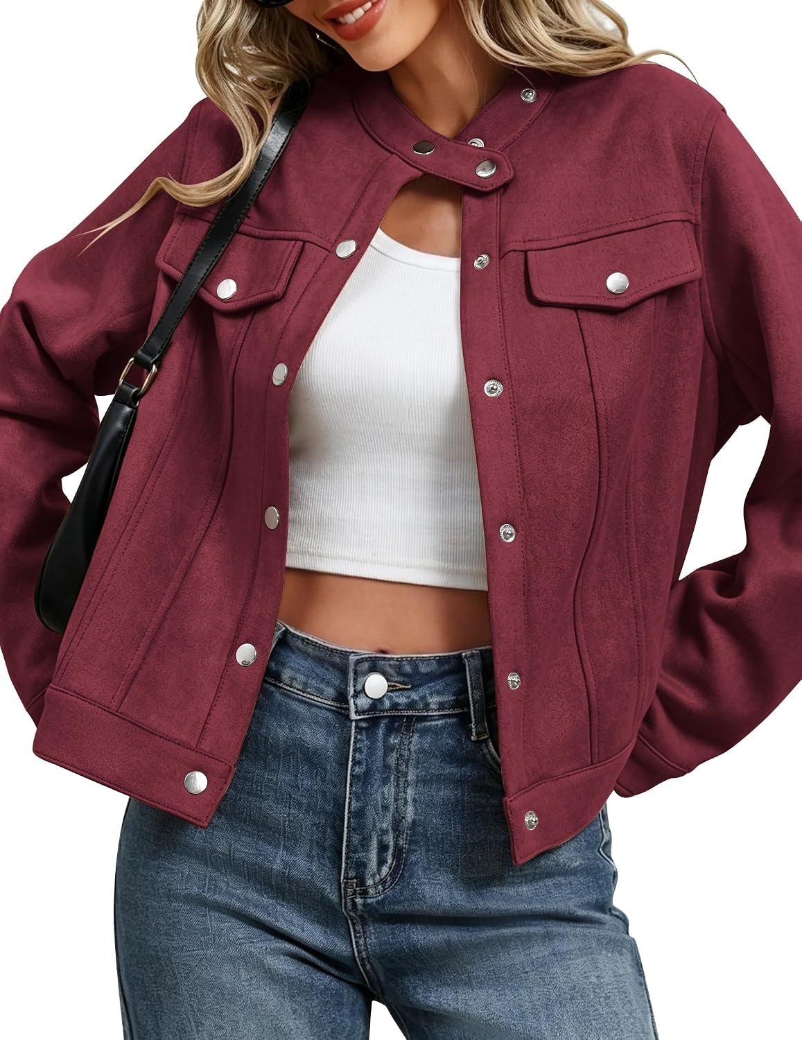 image:imageZeagoo Faux Suede Jackets for Women Motorcycle Bomber Coats Long Sleeve Going Out Suede JacketButton Down Collared ShacketTrendy StreetwearCasual Outerwear for SpringFall and WinterDark Red
