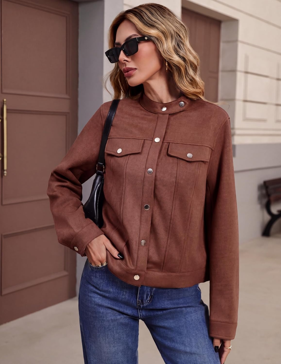 image:imageZeagoo Faux Suede Jackets for Women Motorcycle Bomber Coats Long Sleeve Going Out Suede JacketButton Down Collared ShacketTrendy StreetwearCasual Outerwear for SpringFall and WinterBrown