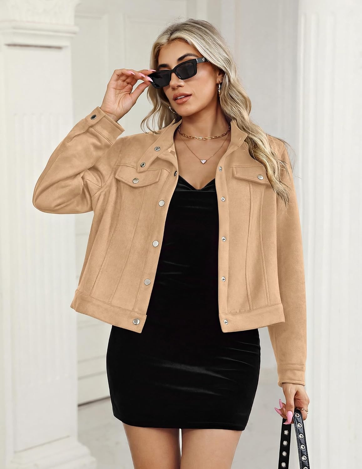 image:imageZeagoo Faux Suede Jackets for Women Motorcycle Bomber Coats Long Sleeve Going Out Suede JacketButton Down Collared ShacketTrendy StreetwearCasual Outerwear for SpringFall and WinterLight Khaki