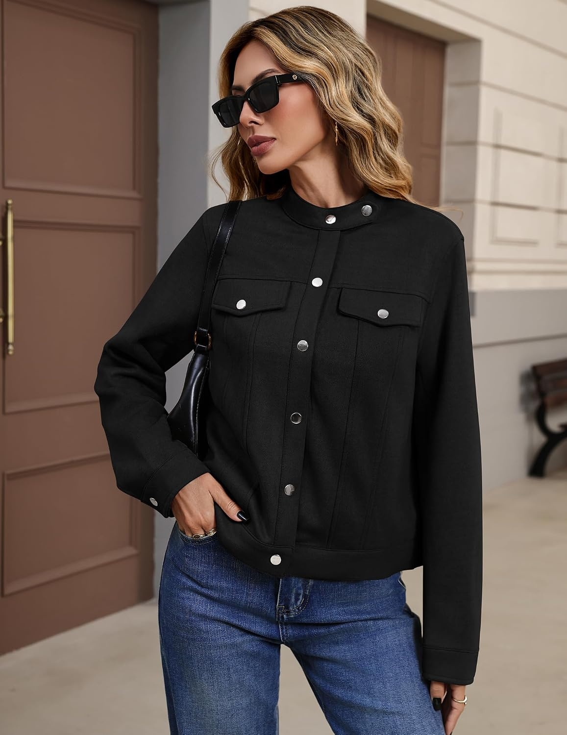 image:imageZeagoo Faux Suede Jackets for Women Motorcycle Bomber Coats Long Sleeve Going Out Suede JacketButton Down Collared ShacketTrendy StreetwearCasual Outerwear for SpringFall and WinterBlack
