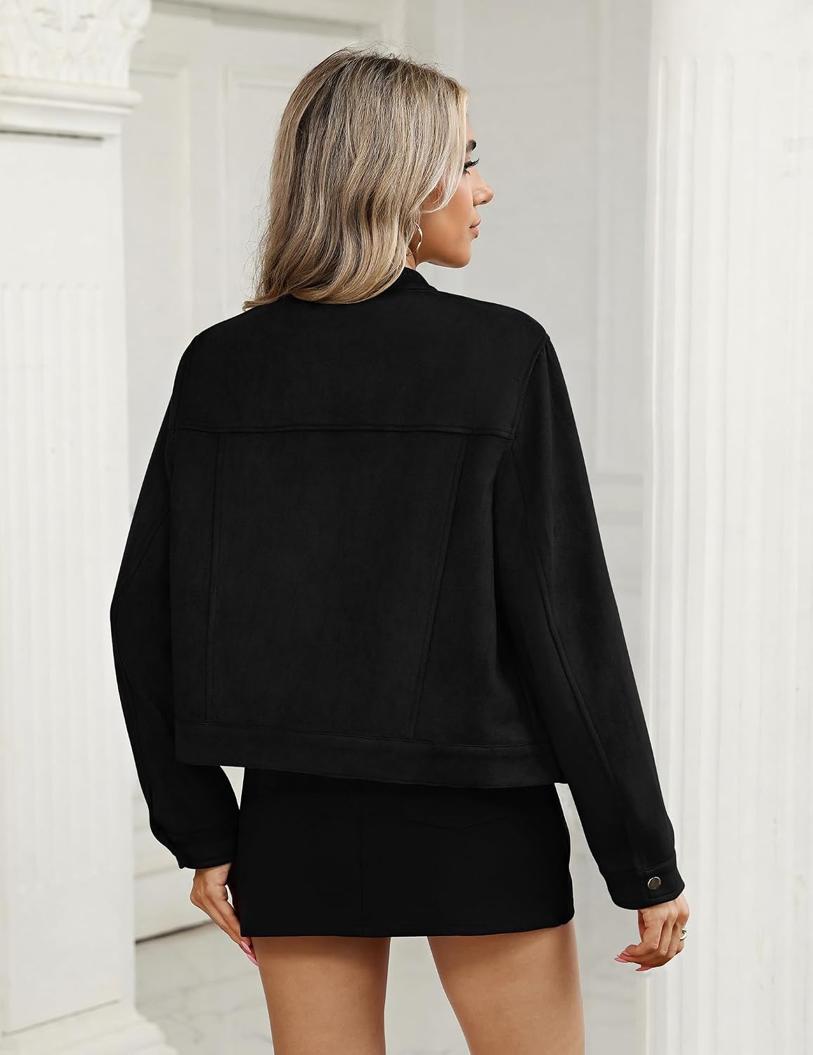 image:imageZeagoo Faux Suede Jackets for Women Motorcycle Bomber Coats Long Sleeve Going Out Suede JacketButton Down Collared ShacketTrendy StreetwearCasual Outerwear for SpringFall and WinterBlack