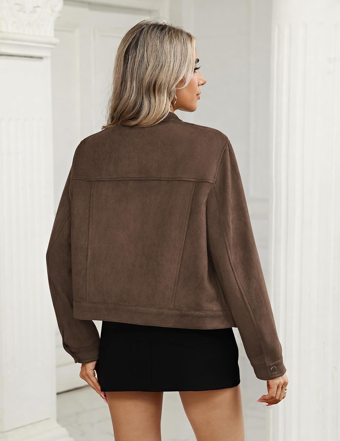 image:imageZeagoo Faux Suede Jackets for Women Motorcycle Bomber Coats Long Sleeve Going Out Suede JacketButton Down Collared ShacketTrendy StreetwearCasual Outerwear for SpringFall and WinterChocolate Brown