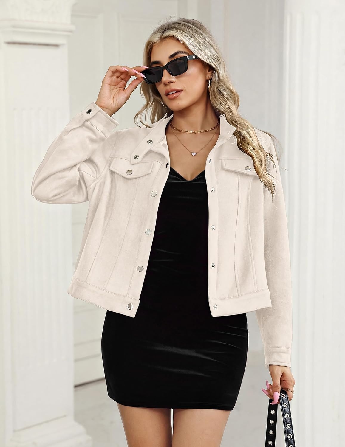 image:imageZeagoo Faux Suede Jackets for Women Motorcycle Bomber Coats Long Sleeve Going Out Suede JacketButton Down Collared ShacketTrendy StreetwearCasual Outerwear for SpringFall and WinterBeige
