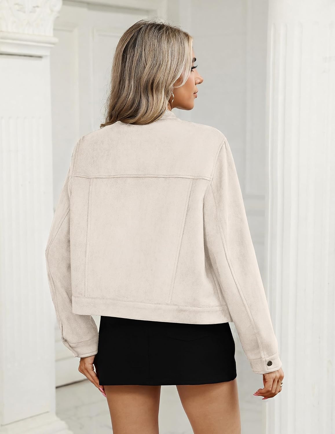 image:imageZeagoo Faux Suede Jackets for Women Motorcycle Bomber Coats Long Sleeve Going Out Suede JacketButton Down Collared ShacketTrendy StreetwearCasual Outerwear for SpringFall and WinterBeige