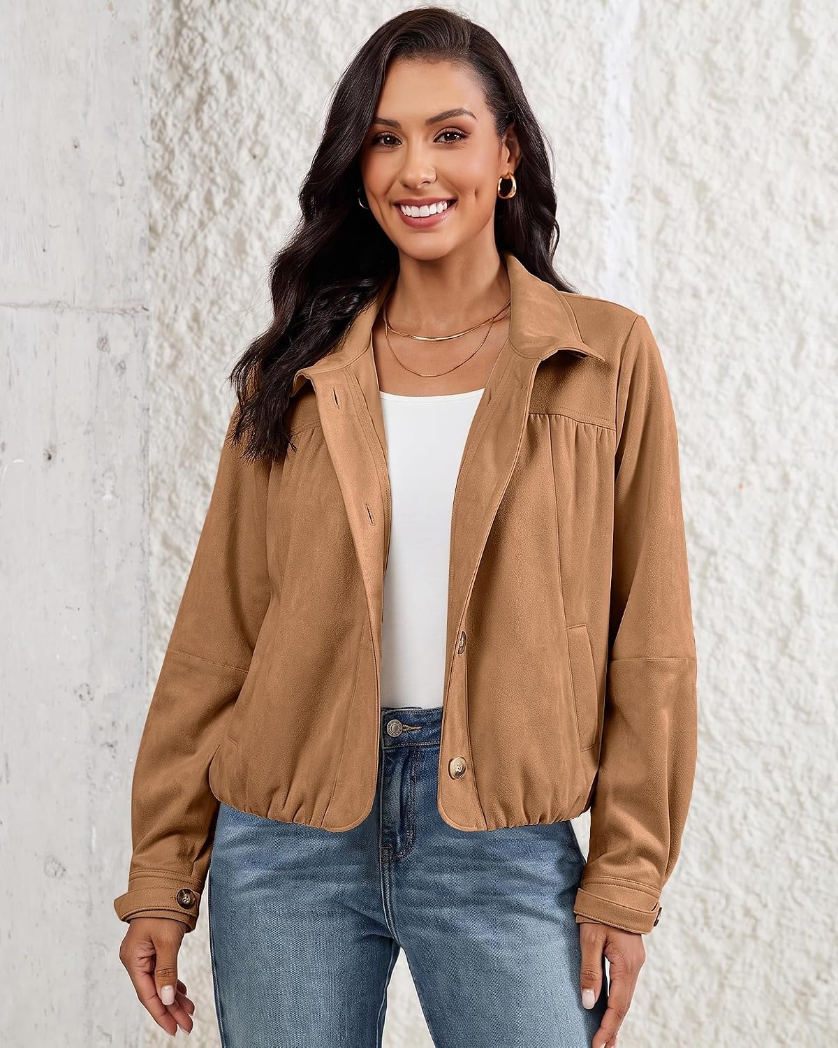 image:imageluvamia Faux Suede Jackets for Women Long Sleeve Button Up Bubble Coat Funnel Neck Short Jacket Elastic Bubble Hem Front Pockets Western Trendy Outerwear Stretchy Dressy Casual Fall OutfitsBrown