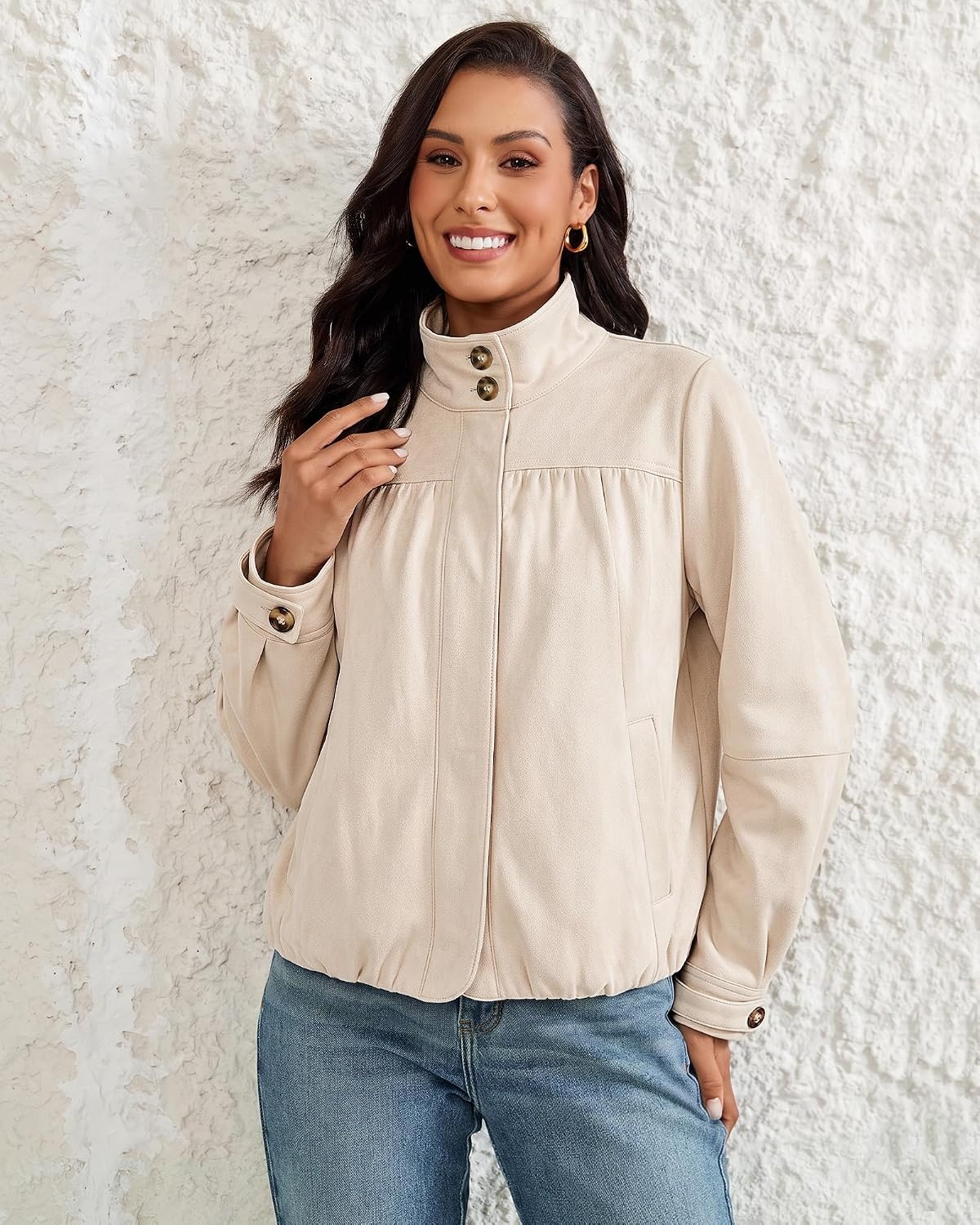 image:imageluvamia Faux Suede Jackets for Women Long Sleeve Button Up Bubble Coat Funnel Neck Short Jacket Elastic Bubble Hem Front Pockets Western Trendy Outerwear Stretchy Dressy Casual Fall OutfitsVanilla