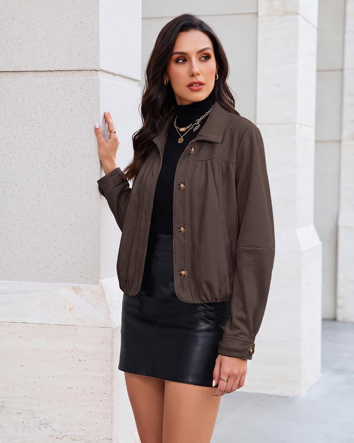image:imageluvamia Faux Suede Jackets for Women Long Sleeve Button Up Bubble Coat Funnel Neck Short Jacket Elastic Bubble Hem Front Pockets Western Trendy Outerwear Stretchy Dressy Casual Fall OutfitsCoffee Brown